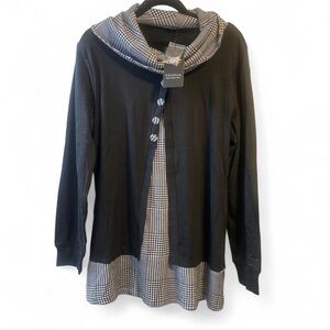 Black Layered Tunic with Houndstooth Trim